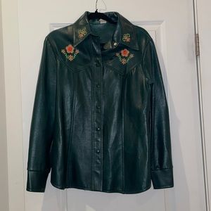 Vintage Green Leather Jacket with Embroidery